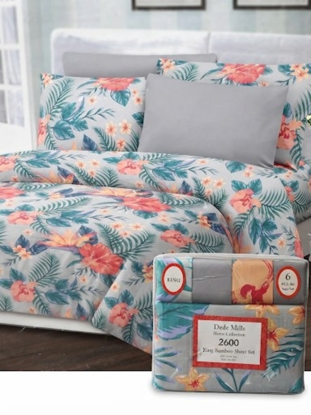 Floral Bamboo 6 Pieces Sheet Set - Gray with Coral & Teal Floral King